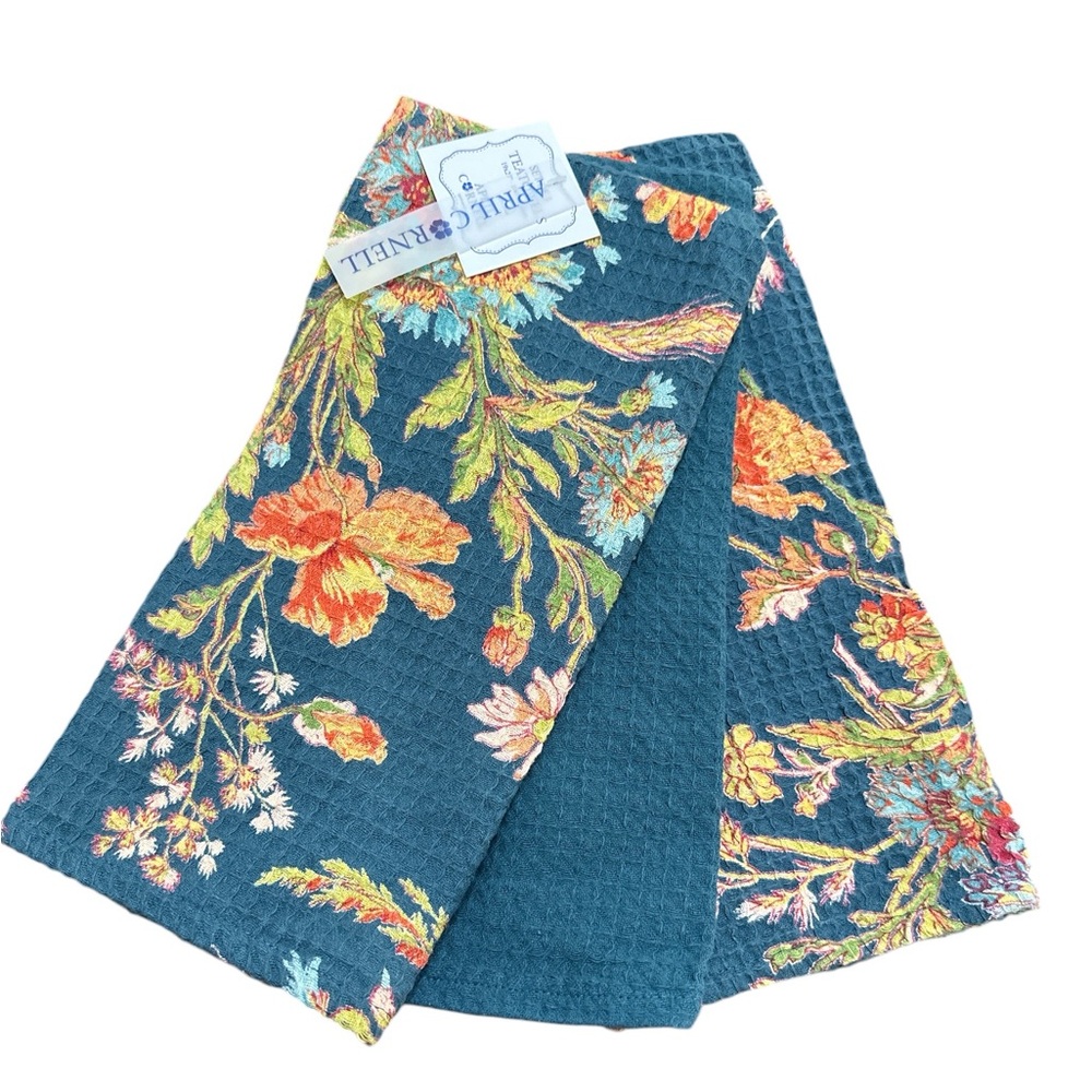 NEW April Cornell TEAL FLORAL Kitchen Towel Set/3